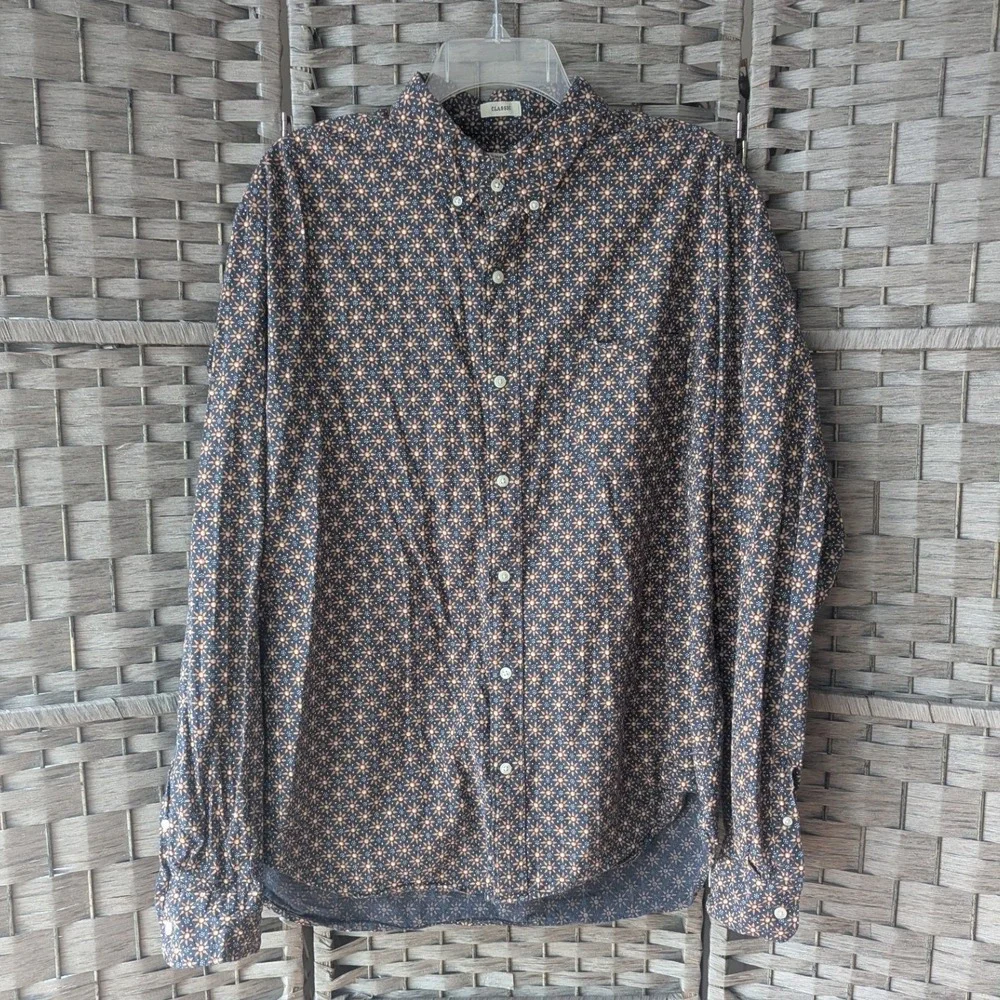 J. Crew Long Sleeve Button Down Shirt Blue Sunburst Print Secret Wash Mens XL‎